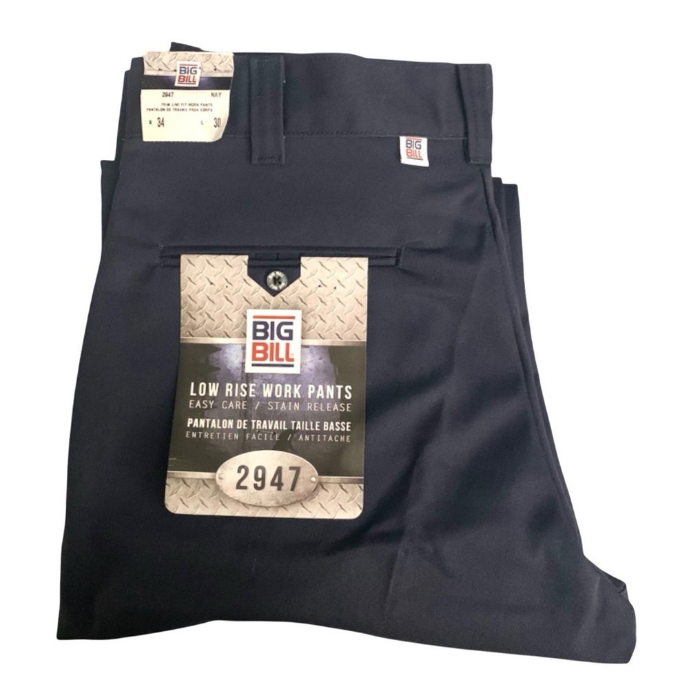 BIG BILL NWT‎ Work Pant Men's 34x30 Trim Fit Navy Low Rise Stain Release Tech
